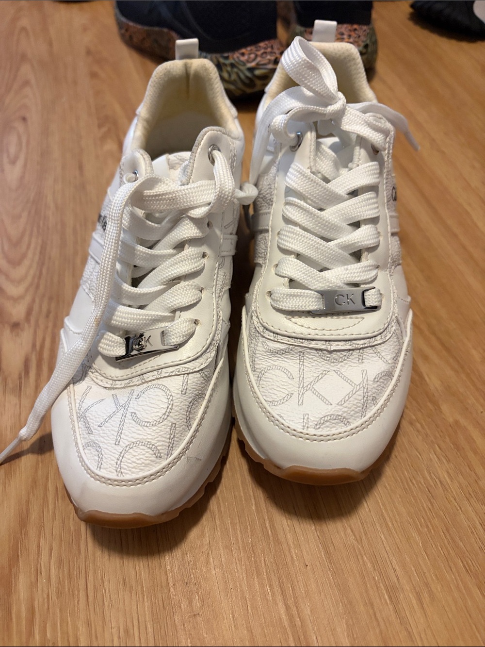 Calvin Klein White Monogram Lace-Up Women's Sneakers with Gum Sole